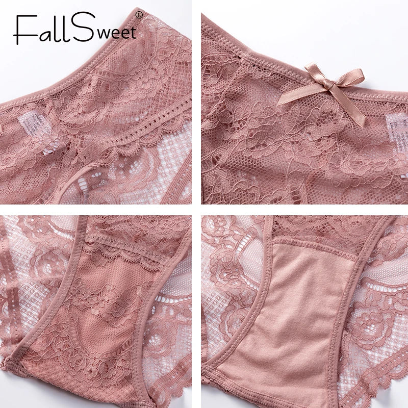 FallSweet  3 pcs / lot  ! Women Panties Sexy Lace Underwear Set  Plus Size Briefs Transparent Lingerie Femme