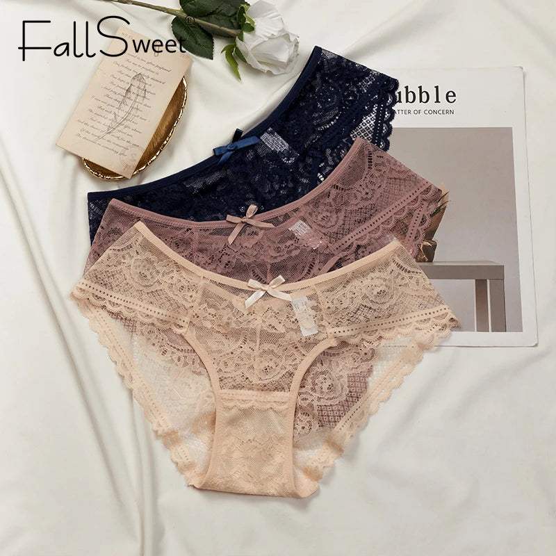 FallSweet  3 pcs / lot  ! Women Panties Sexy Lace Underwear Set  Plus Size Briefs Transparent Lingerie Femme