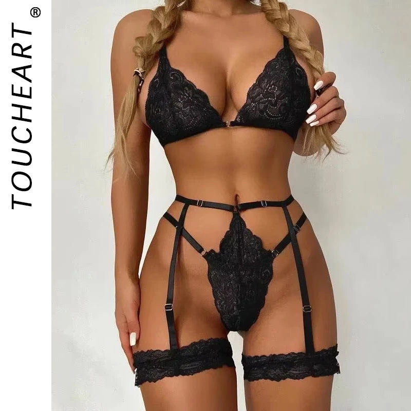 Toucheart 3 Piece Set Sleepwear Suit Sexy Lingerie Women Thin Transparent Lace Bra Set See Through Female Erotic Underwear New