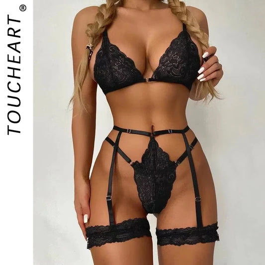 Toucheart 3 Piece Set Sleepwear Suit Sexy Lingerie Women Thin Transparent Lace Bra Set See Through Female Erotic Underwear New