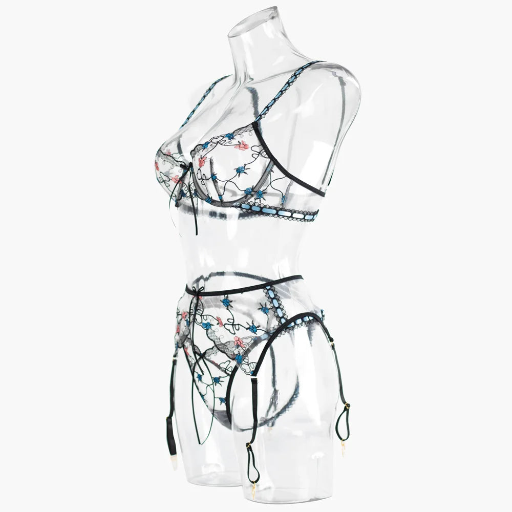 Diccvicc Delicate Lingerie Embroidery Lace Bra Garter Thong Set See Through Women Underwear Sexy Outfit Sensual Intimates Ladies