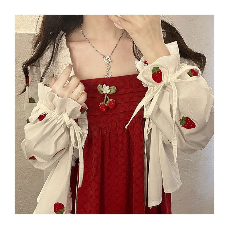 Sweet Woman Dress Outfits Japanese 2 Piece Sets for Women Loose Strawberry Shirt Tops Lace Up Cute Dresses Set Summer Chic Suit