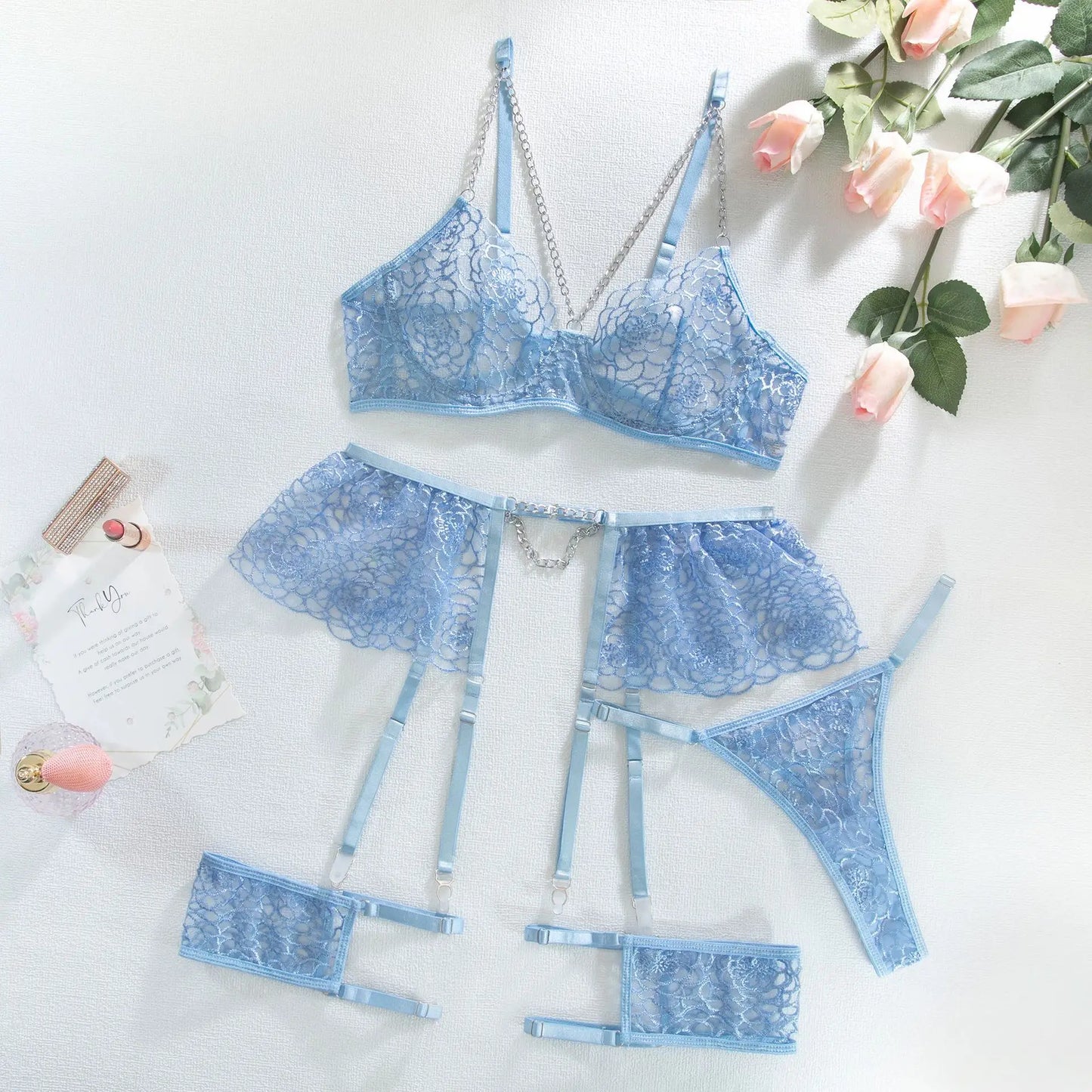 MeiKeDai Lace Lingerie Sexy Fancy Underwear 3-Piece Delicate Luxury Erotic Sets With Chain Bra And Panty Set Garters Intimate