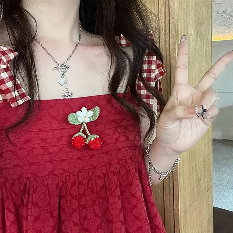 Sweet Woman Dress Outfits Japanese 2 Piece Sets for Women Loose Strawberry Shirt Tops Lace Up Cute Dresses Set Summer Chic Suit