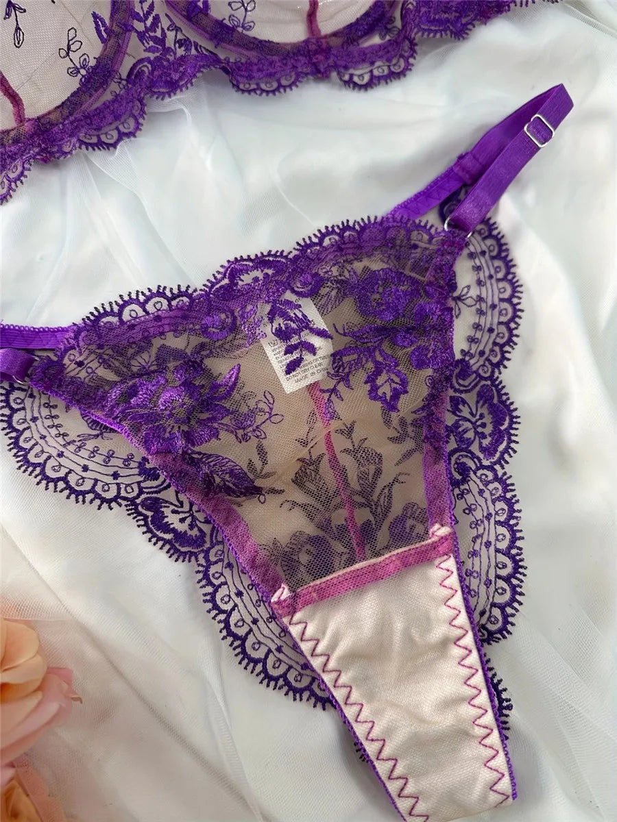 Embroidery Sexy Bra Sets for Women Fancy Lingerie Lace Fairy Seamless Underwear See Through Exotic Sets Floral Bra Brief Set