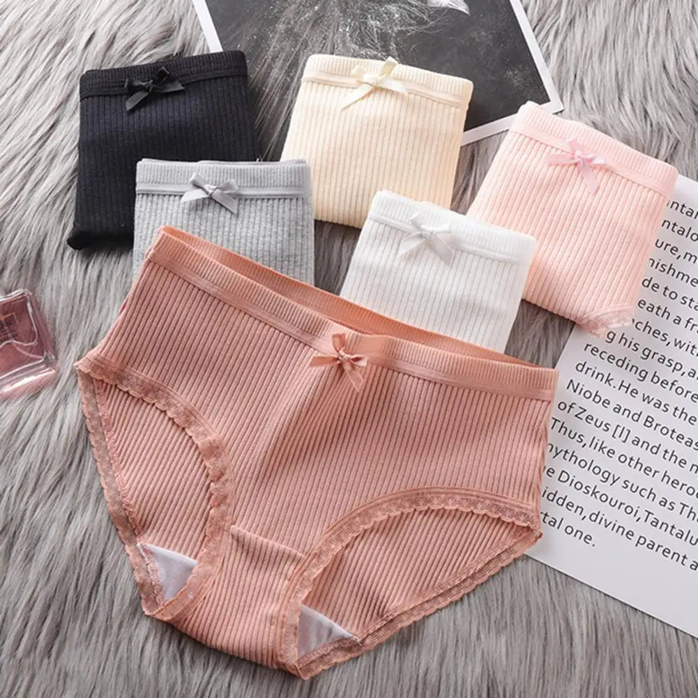 Women Panties Bow Decor Mid Waist Thread Underwear Solid Color Soft Elastic Underpants Anti-septic Anti-shrink Lady Briefs