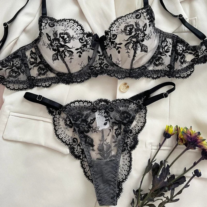 Sexy Lace Lingerie Set Transparent Floral Embroidery Lingerie Set Women's Bra & Brief Underwear Set Sexy Breathable Bras Panties