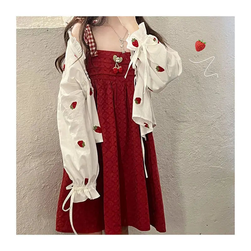 Sweet Woman Dress Outfits Japanese 2 Piece Sets for Women Loose Strawberry Shirt Tops Lace Up Cute Dresses Set Summer Chic Suit