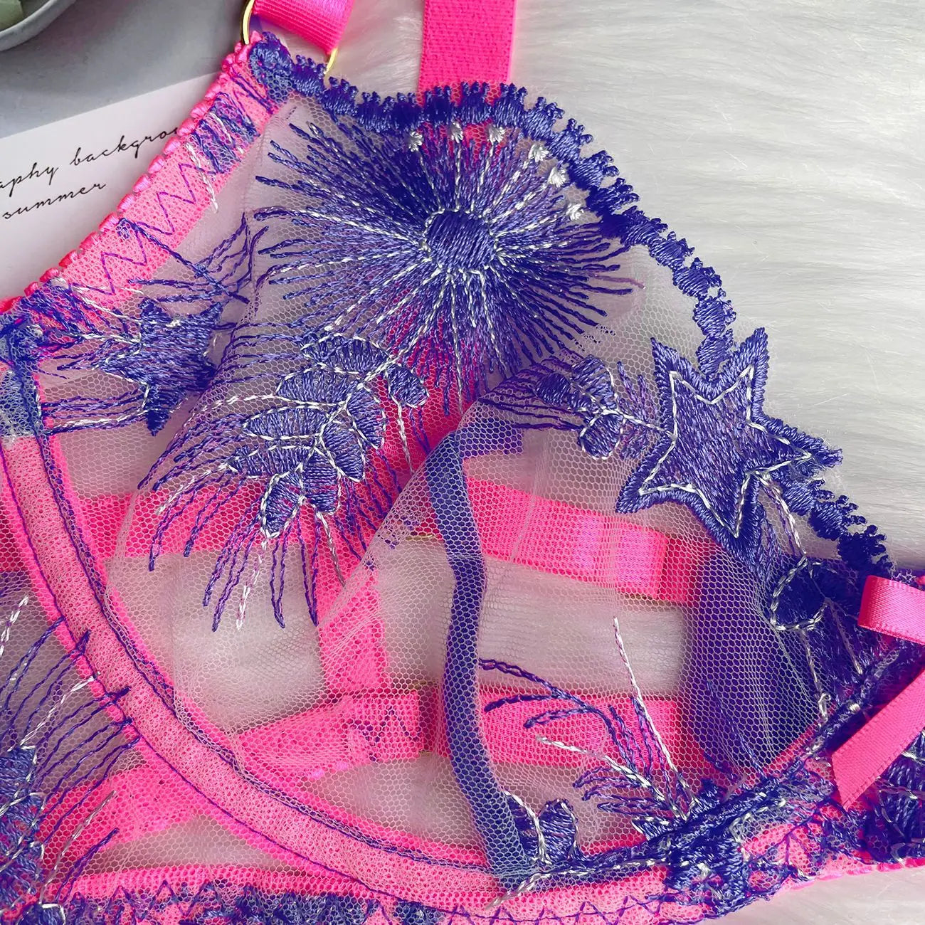 2-Piece Lace Bra Set Women Purple Floral Embroidery Contrast Transparent Underwear Sets Sexy Lacing Strap Intimate Outfits