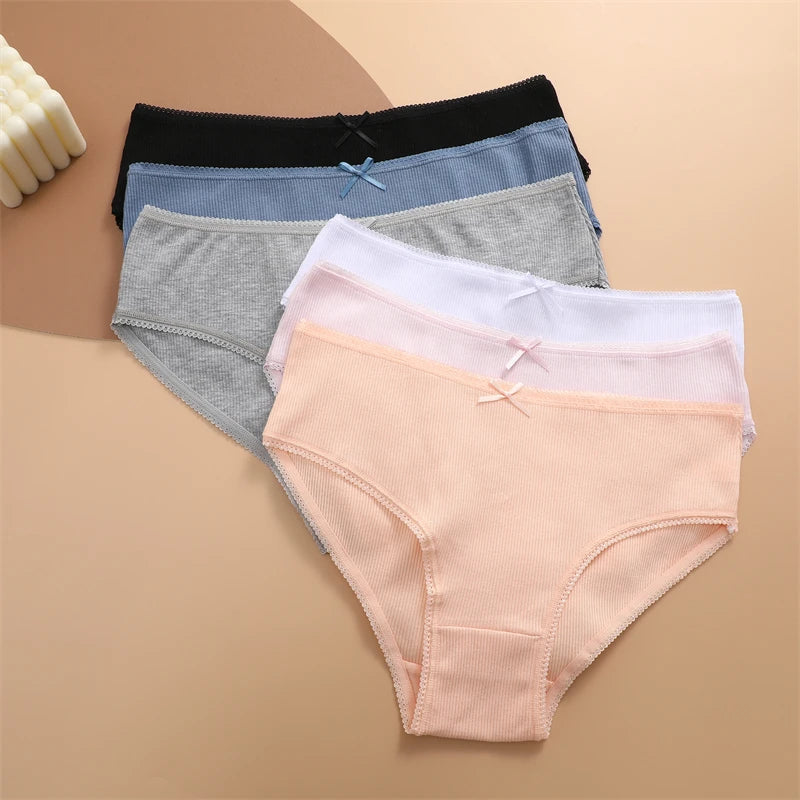 FINETOO 3PCS Women Cotton Underwear Sexy Lace wavy Waist Briefs Female Solid Color Breathable Lingerie Stretch Intimates Panties