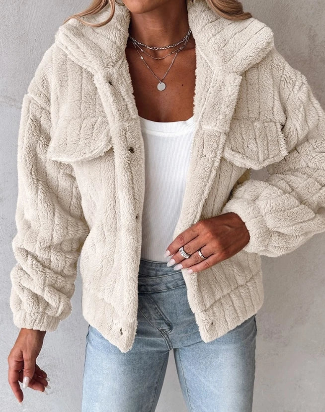 Women's Coat Winter Solid Color Warm Casaul Coat Turn-Down Collar Buttoned Long Sleeved Teddy Jacket Thick Fur Coat