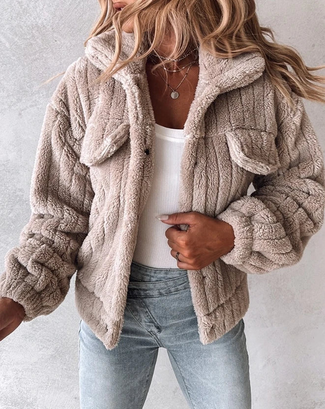 Women's Coat Winter Solid Color Warm Casaul Coat Turn-Down Collar Buttoned Long Sleeved Teddy Jacket Thick Fur Coat