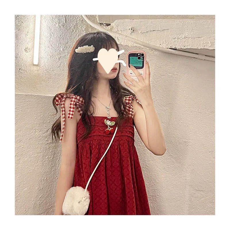 Sweet Woman Dress Outfits Japanese 2 Piece Sets for Women Loose Strawberry Shirt Tops Lace Up Cute Dresses Set Summer Chic Suit