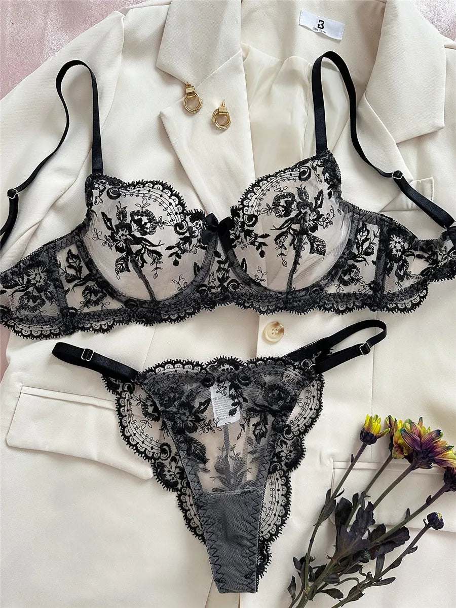 Embroidery Sexy Bra Sets for Women Fancy Lingerie Lace Fairy Seamless Underwear See Through Exotic Sets Floral Bra Brief Set