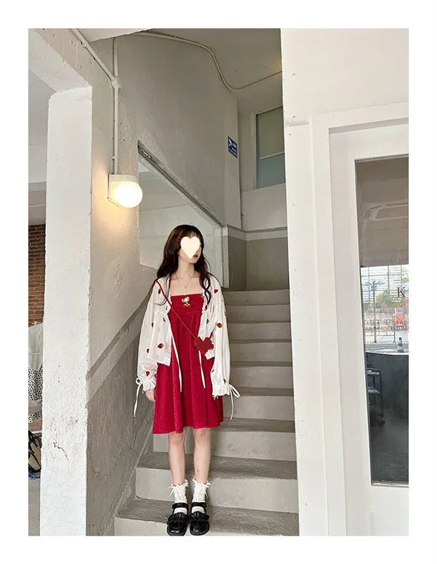 Sweet Woman Dress Outfits Japanese 2 Piece Sets for Women Loose Strawberry Shirt Tops Lace Up Cute Dresses Set Summer Chic Suit