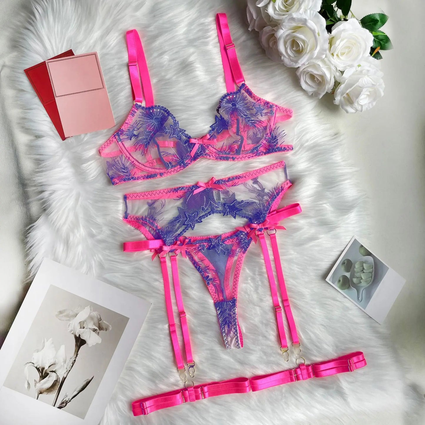 2-Piece Lace Bra Set Women Purple Floral Embroidery Contrast Transparent Underwear Sets Sexy Lacing Strap Intimate Outfits