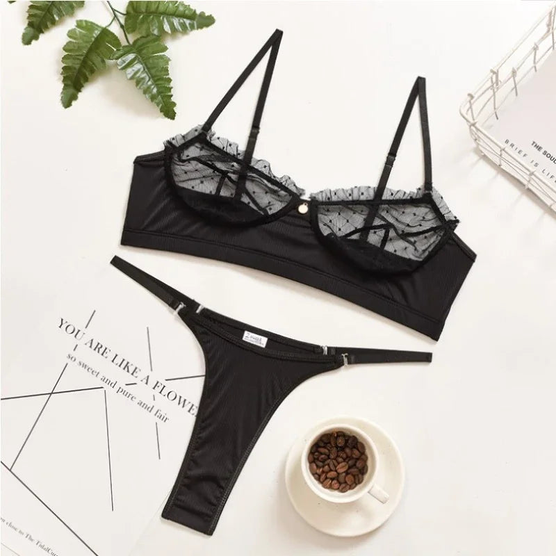 Ruffle Lace Lingerie Set Sexy Women's Push Up Transparent Bra Party Sets Black G-string Panties Briefs Bra Set Female Underwear