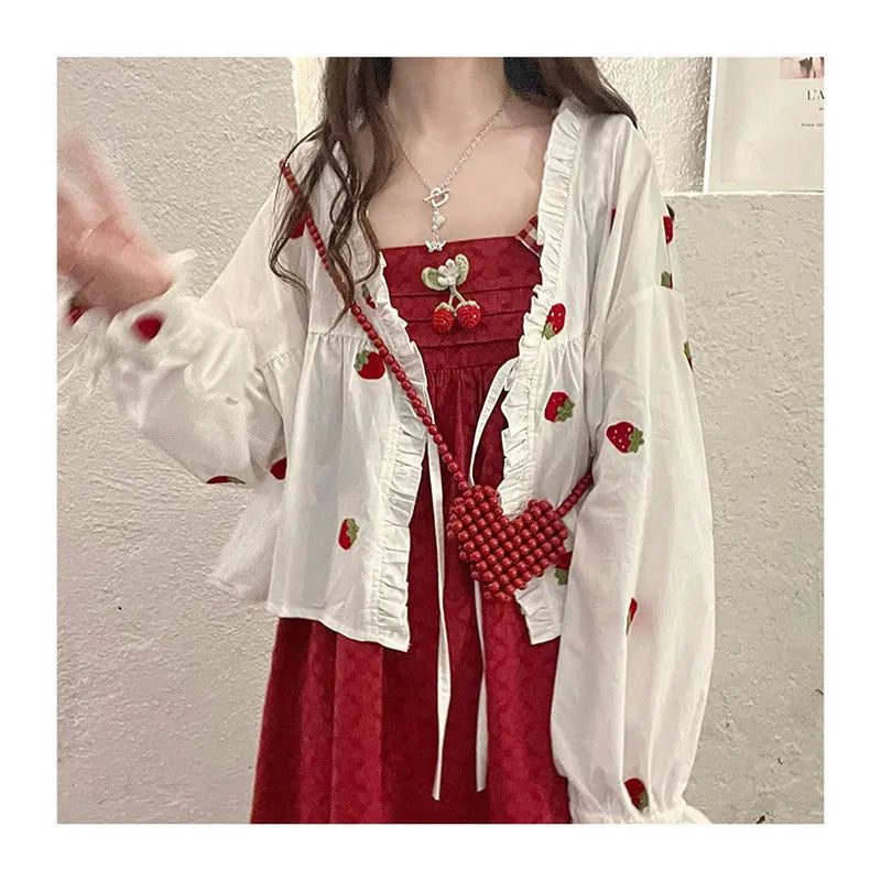 Sweet Woman Dress Outfits Japanese 2 Piece Sets for Women Loose Strawberry Shirt Tops Lace Up Cute Dresses Set Summer Chic Suit