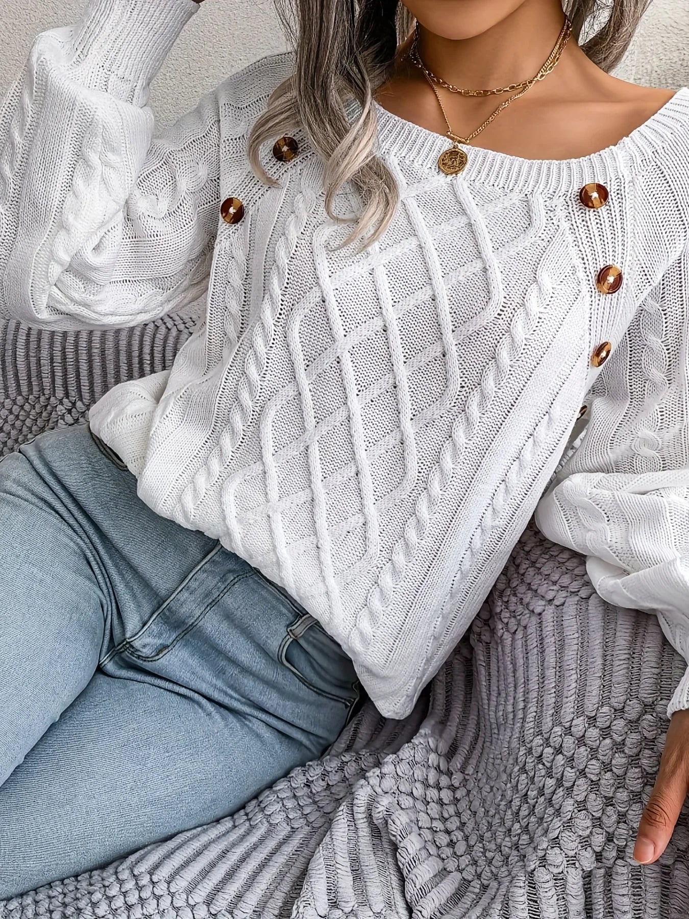 Women Casual Square Collar Buttons Long Sleeve Knitted Pullovers And Sweaters For Autumn Winter 2024