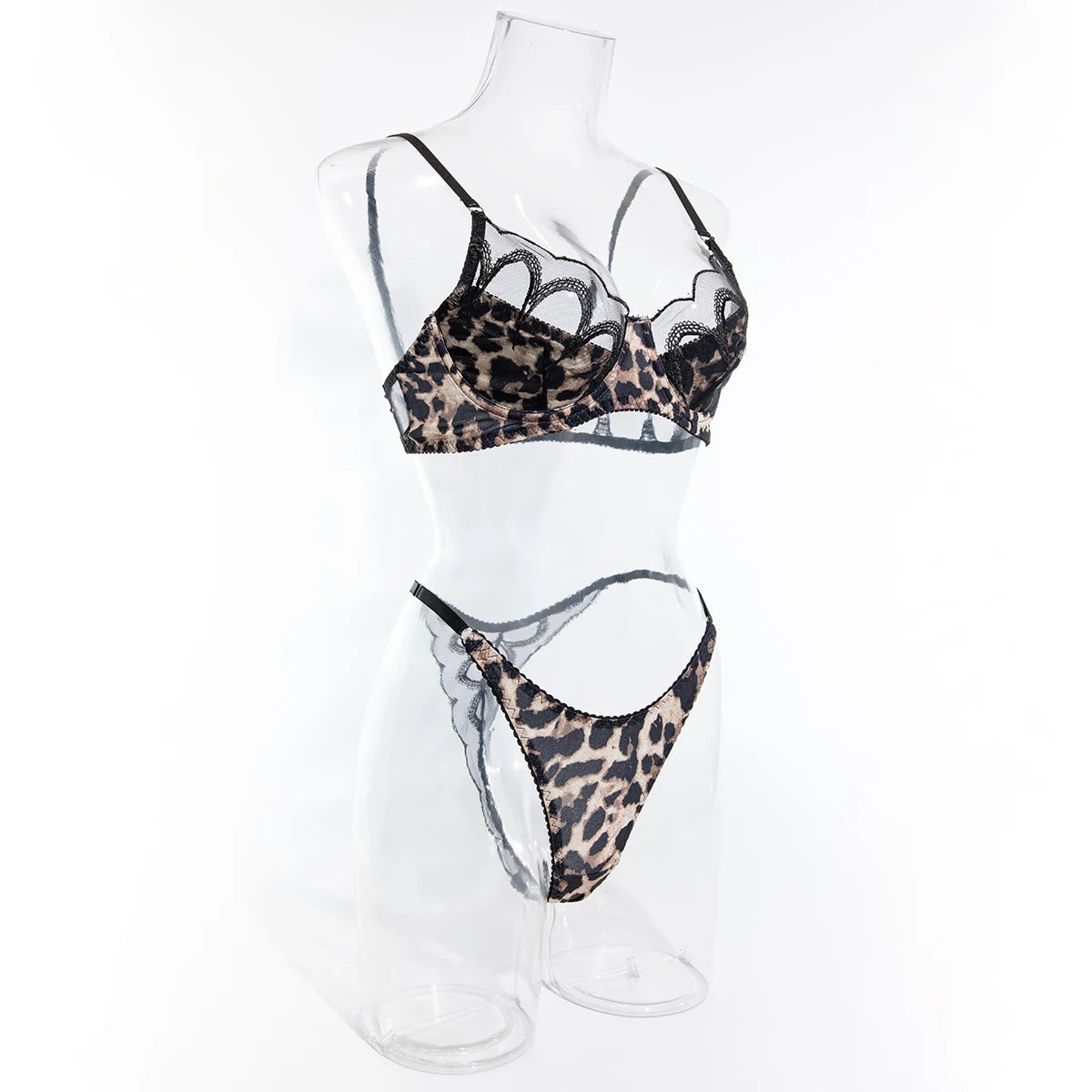 Yimunancy Leopard Print Lingerie Set 2-Piece Sheer Embroidery Bra + Brief Underwear Set Sexy Intimates