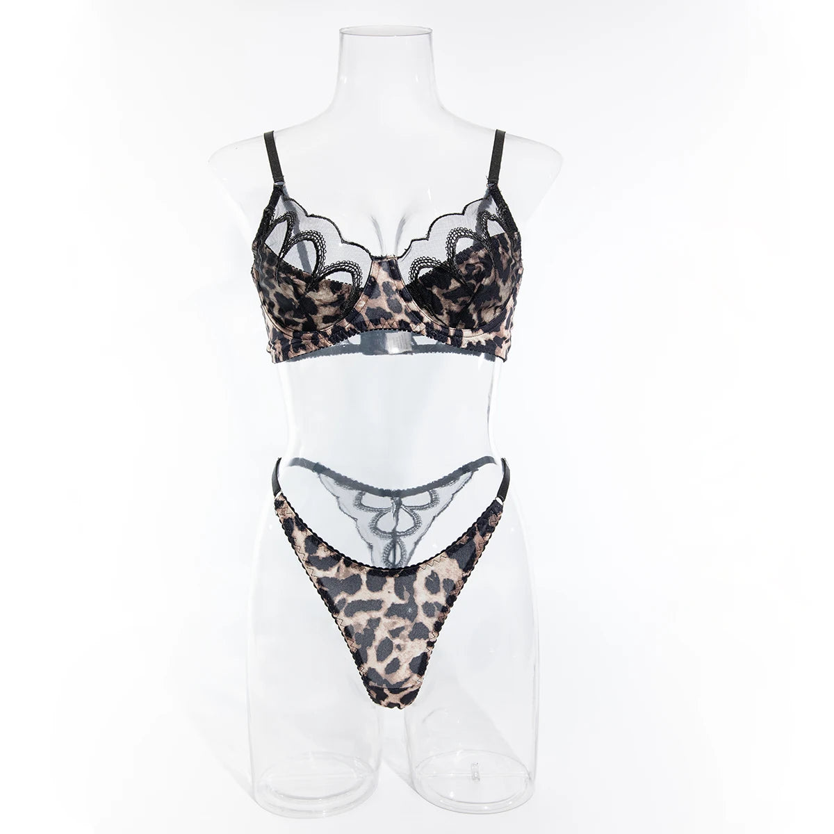 Yimunancy Leopard Print Lingerie Set 2-Piece Sheer Embroidery Bra + Brief Underwear Set Sexy Intimates