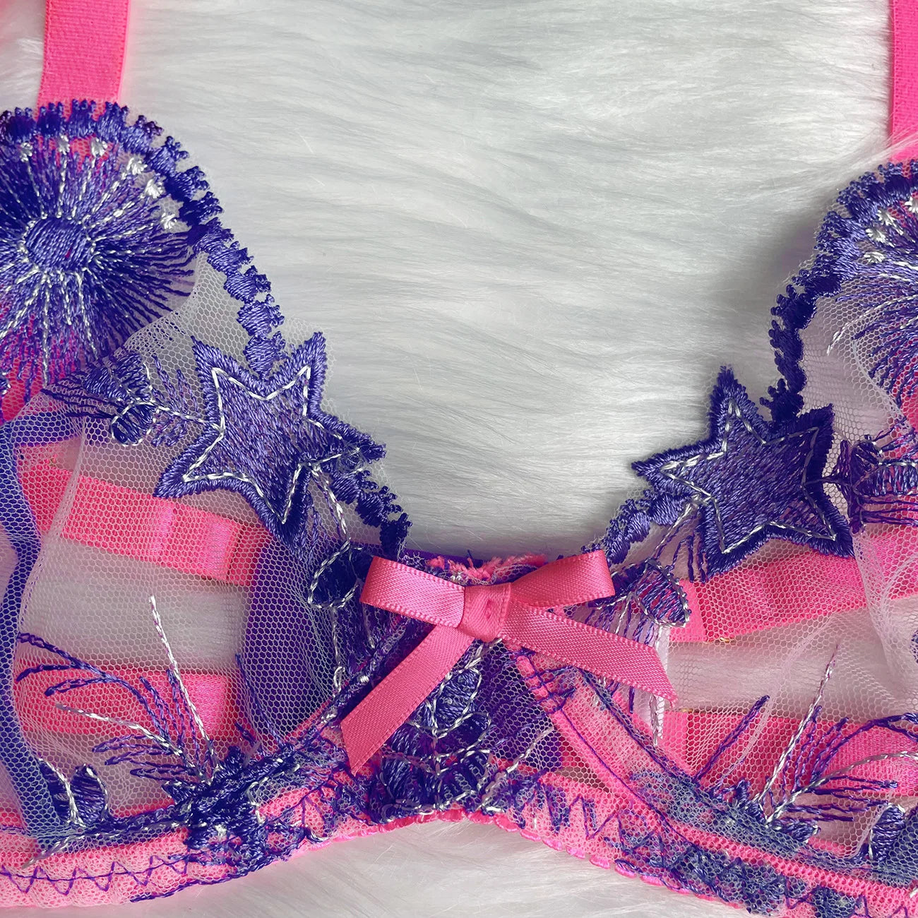 2-Piece Lace Bra Set Women Purple Floral Embroidery Contrast Transparent Underwear Sets Sexy Lacing Strap Intimate Outfits