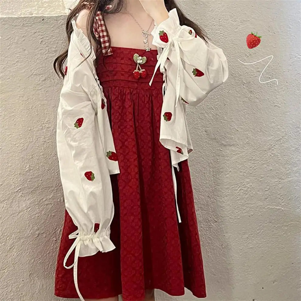 Sweet Woman Dress Outfits Japanese 2 Piece Sets for Women Loose Strawberry Shirt Tops Lace Up Cute Dresses Set Summer Chic Suit