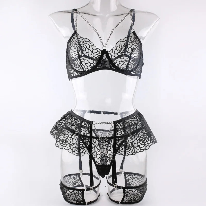 MeiKeDai Lace Lingerie Sexy Fancy Underwear 3-Piece Delicate Luxury Erotic Sets With Chain Bra And Panty Set Garters Intimate