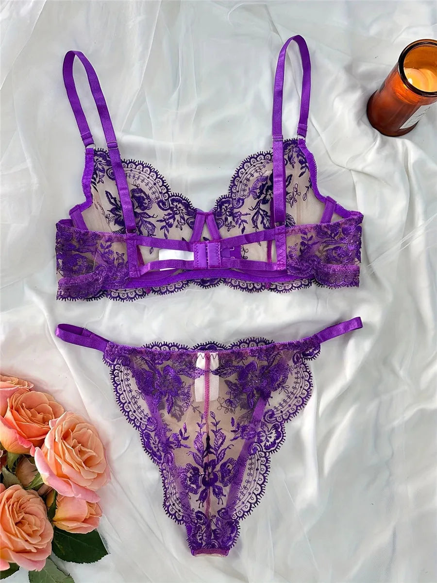 Embroidery Sexy Bra Sets for Women Fancy Lingerie Lace Fairy Seamless Underwear See Through Exotic Sets Floral Bra Brief Set