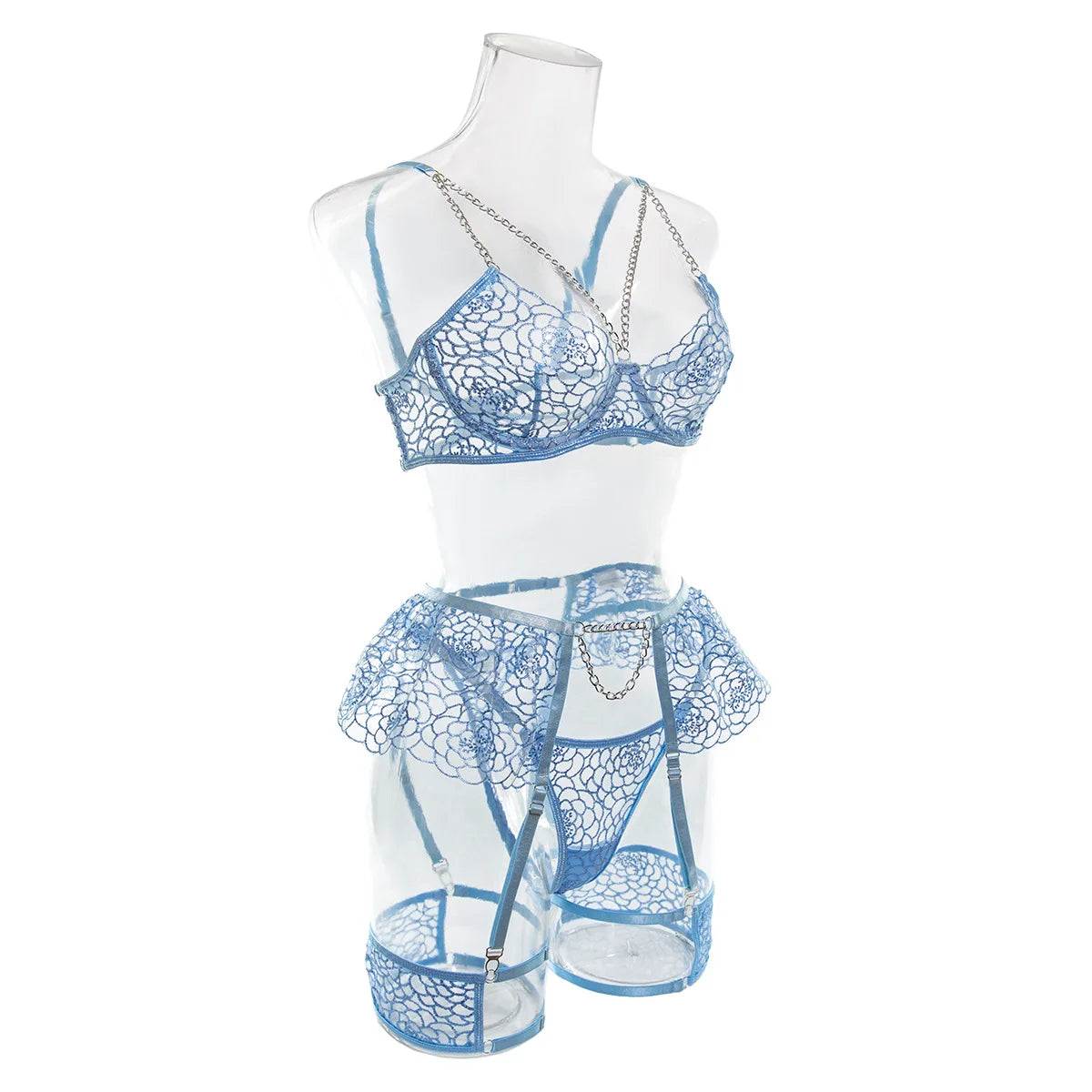 MeiKeDai Lace Lingerie Sexy Fancy Underwear 3-Piece Delicate Luxury Erotic Sets With Chain Bra And Panty Set Garters Intimate