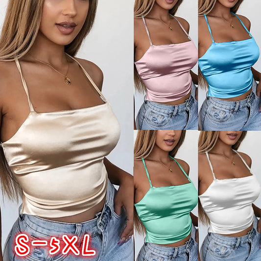 Slim Ice Silk Crop Tops For Women Sexy Backless Lace Up Club Party Seamless Corsets Solid Color Strapless Camisole Y2k Tank Tops