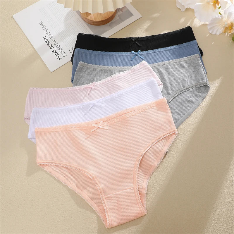 FINETOO 3PCS Women Cotton Underwear Sexy Lace wavy Waist Briefs Female Solid Color Breathable Lingerie Stretch Intimates Panties