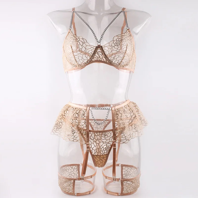 MeiKeDai Lace Lingerie Sexy Fancy Underwear 3-Piece Delicate Luxury Erotic Sets With Chain Bra And Panty Set Garters Intimate