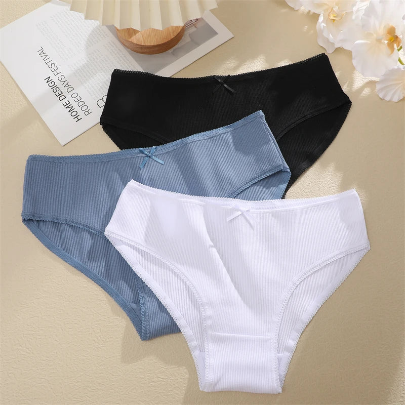 FINETOO 3PCS Women Cotton Underwear Sexy Lace wavy Waist Briefs Female Solid Color Breathable Lingerie Stretch Intimates Panties