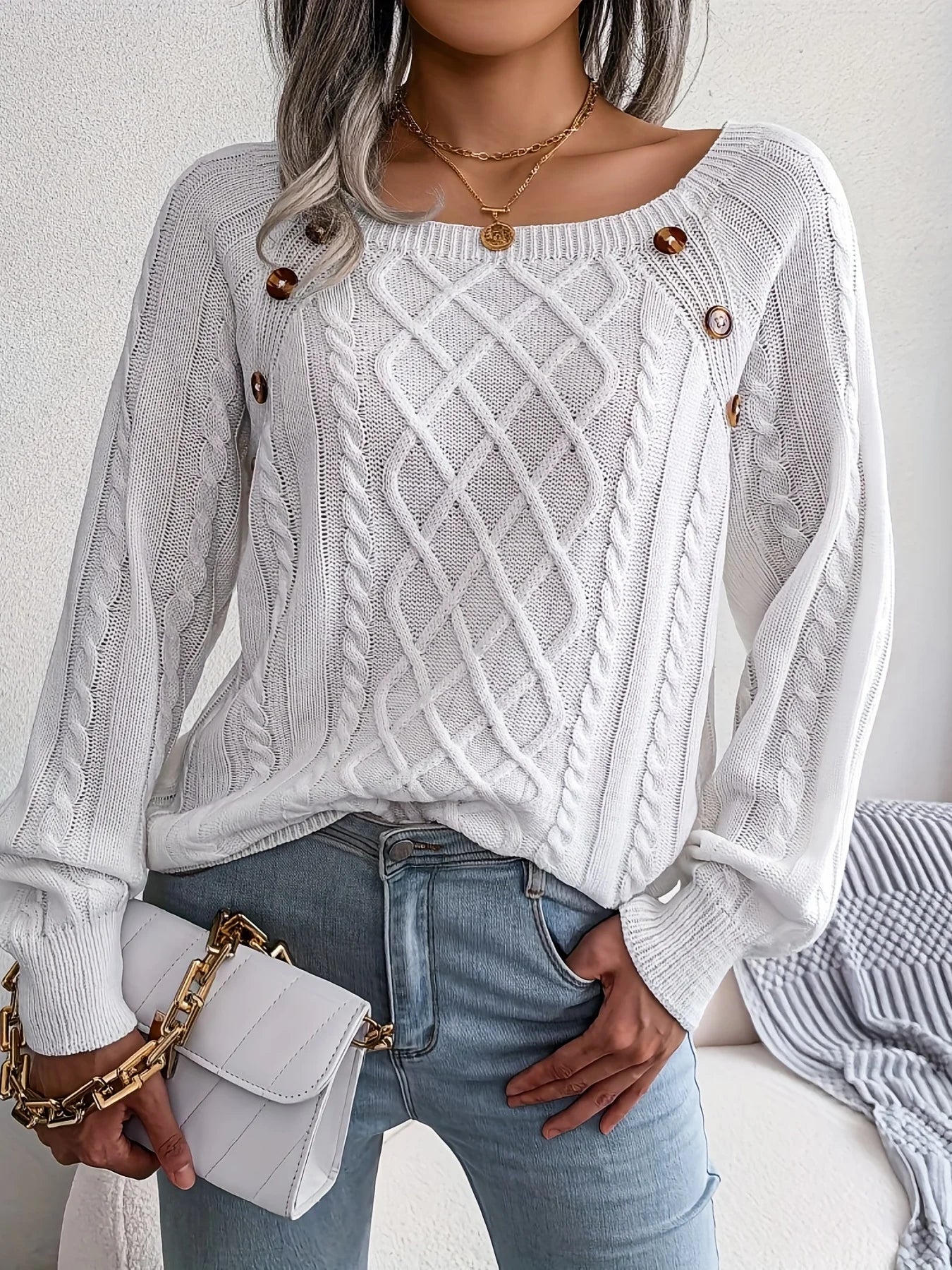 Women Casual Square Collar Buttons Long Sleeve Knitted Pullovers And Sweaters For Autumn Winter 2024