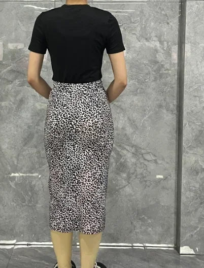 Women's Casual Fashion 2024 New Hot Selling Two-Piece Set with Leopard Print Letter Print Top and Drawstring Slit Skirt Set