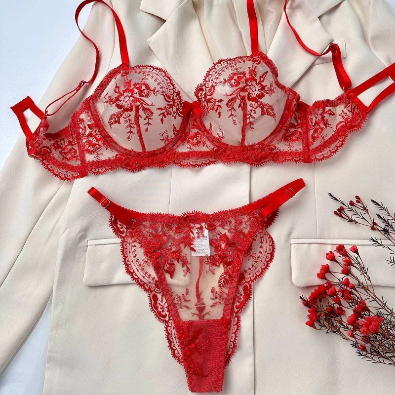 Sexy Lace Lingerie Set Transparent Floral Embroidery Lingerie Set Women's Bra & Brief Underwear Set Sexy Breathable Bras Panties