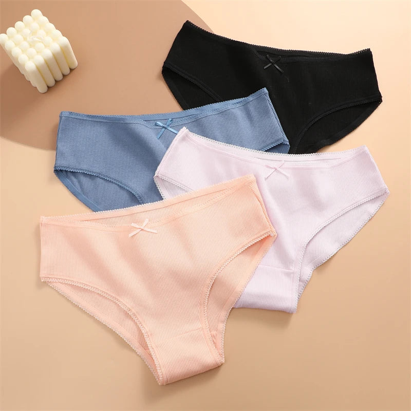 FINETOO 3PCS Women Cotton Underwear Sexy Lace wavy Waist Briefs Female Solid Color Breathable Lingerie Stretch Intimates Panties