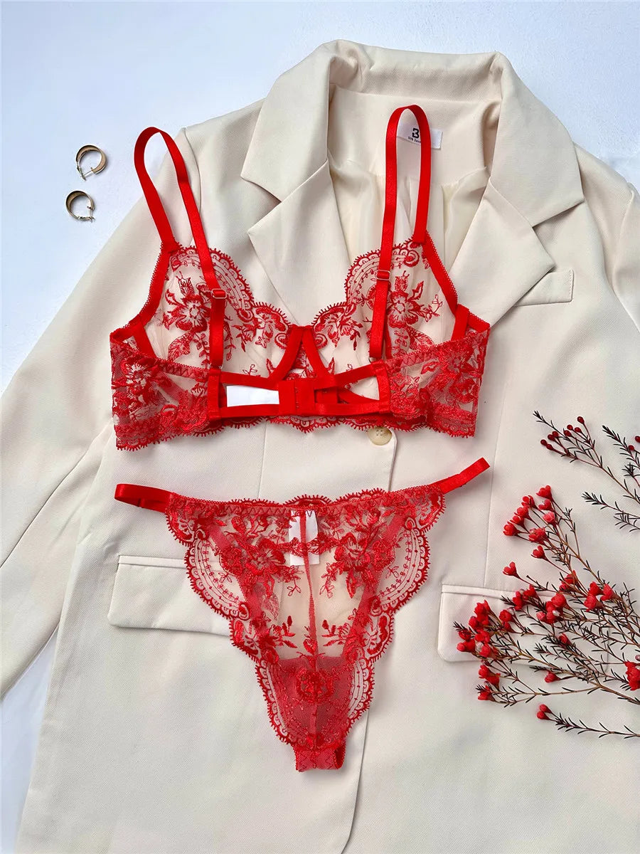 Embroidery Sexy Bra Sets for Women Fancy Lingerie Lace Fairy Seamless Underwear See Through Exotic Sets Floral Bra Brief Set